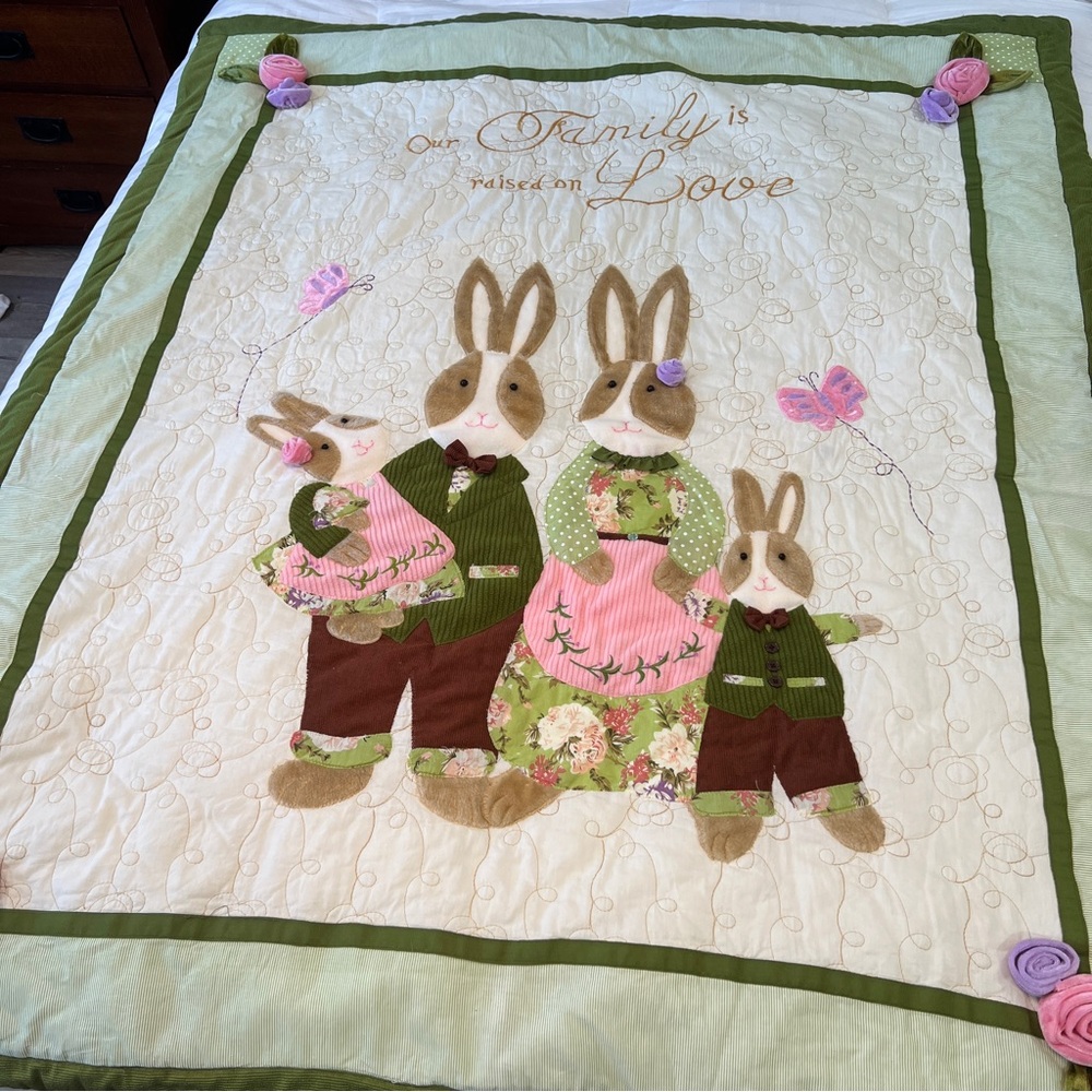 Rabbit Quilt Cracker Barrel Our Family is Raised On Love 100% Cotton 50”x 60”